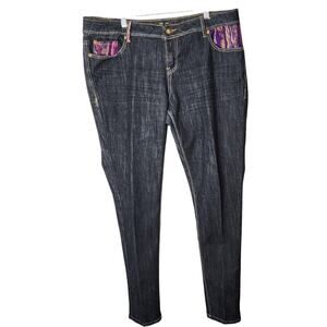 Coogi Dark Blue Skinny Leg Jeans With Purple Embroidered Pockets, 18W, EUC